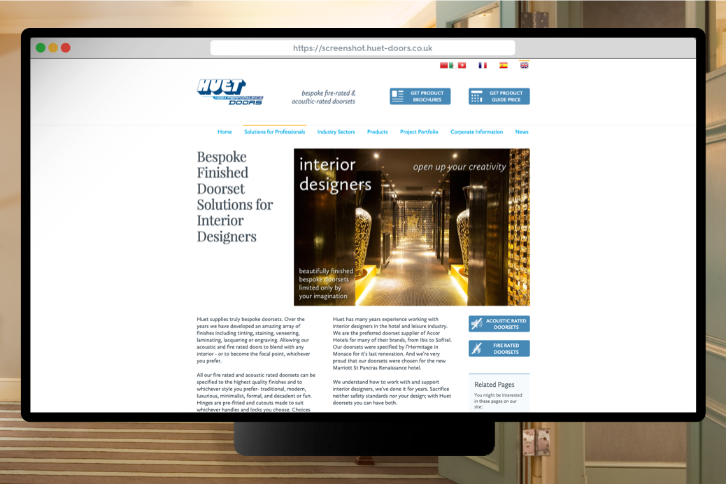 A screenshot of the Huet Doors website shows Brochure Request and Price Guide in prime position on the site.