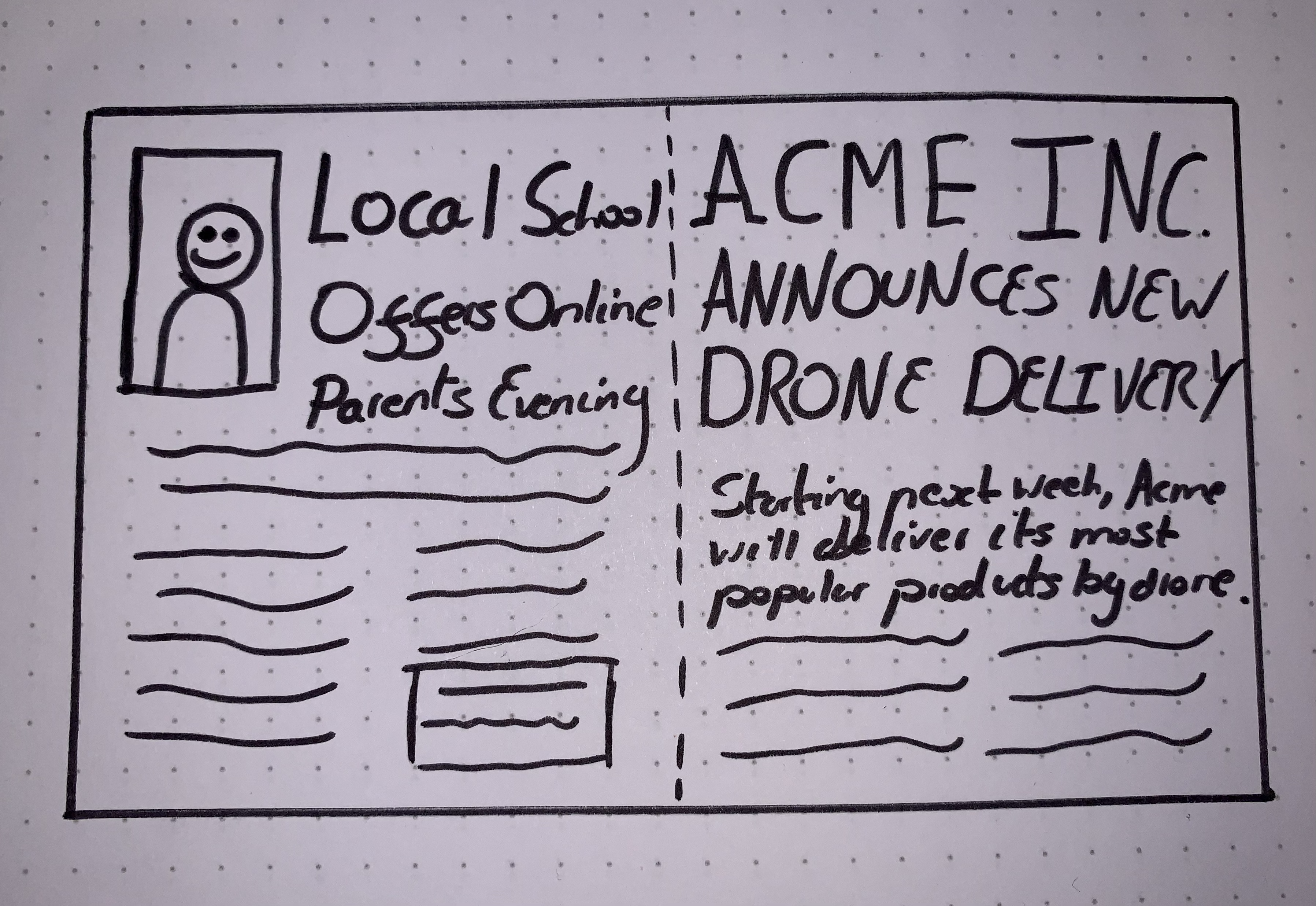 Two sample headlines. One talks about innovation in online learning and the other about using drones for delivery.
