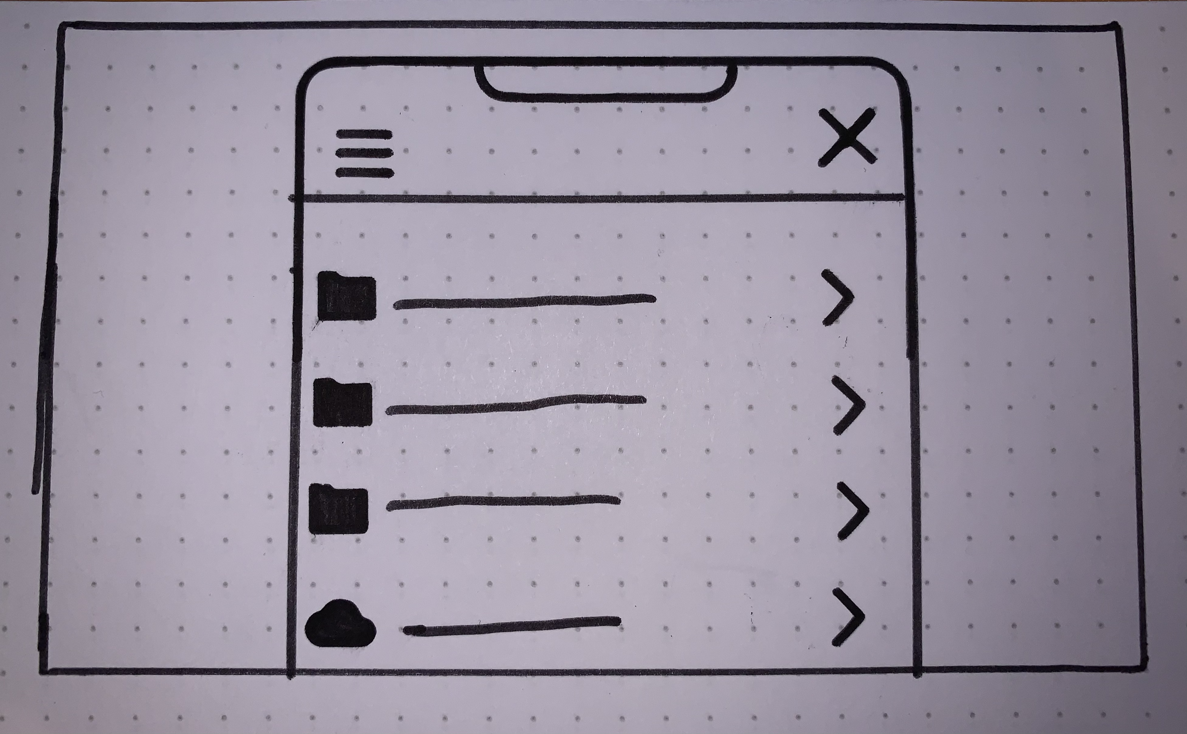 An example wireframe of a documents app, showing three folders and a cloud location in a list view.