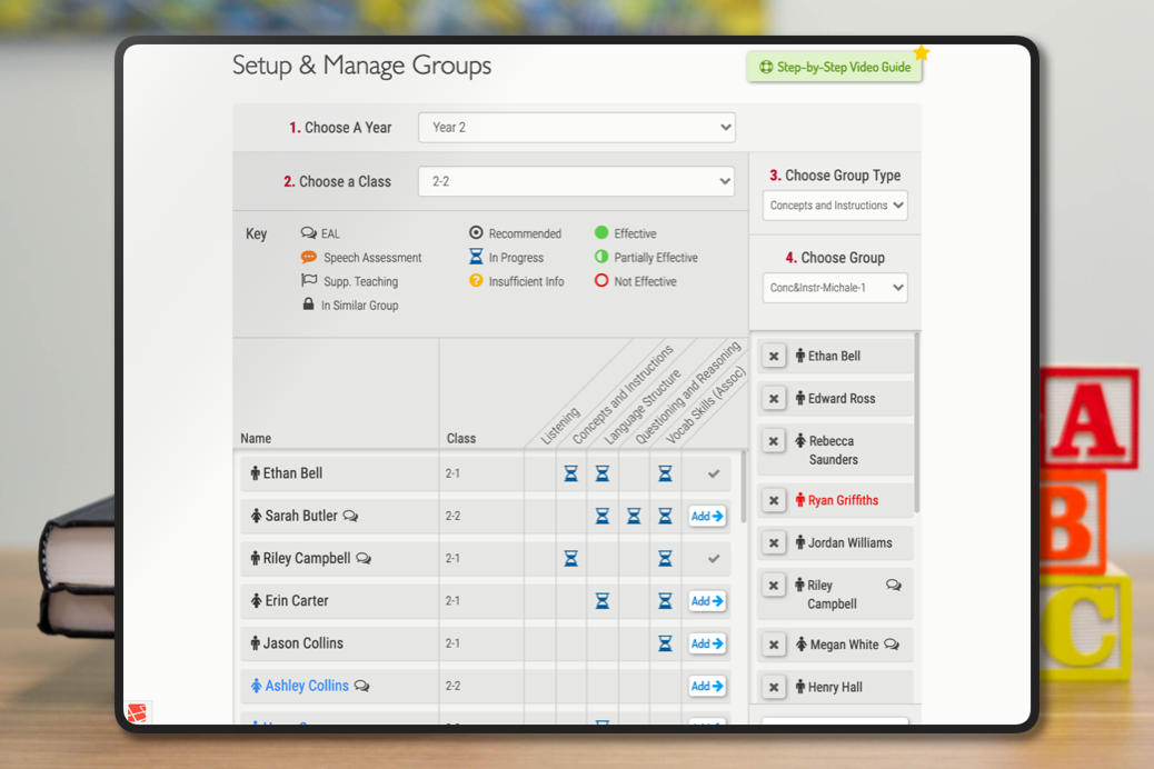 The final version of the groups view, where staff can sort students in to groups based on their age and abilities.