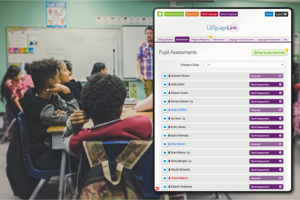 The Speech Link website being used on a tablet in a busy classroom.