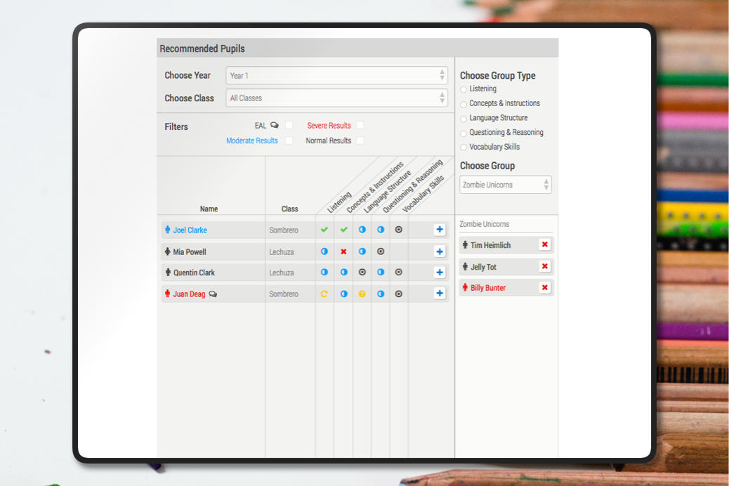 An early prototype of the groups view, where staff can sort students in to groups based on their age and abilities