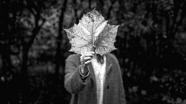 Woman holding a large five pointed leaf in front of her so that it covers her face