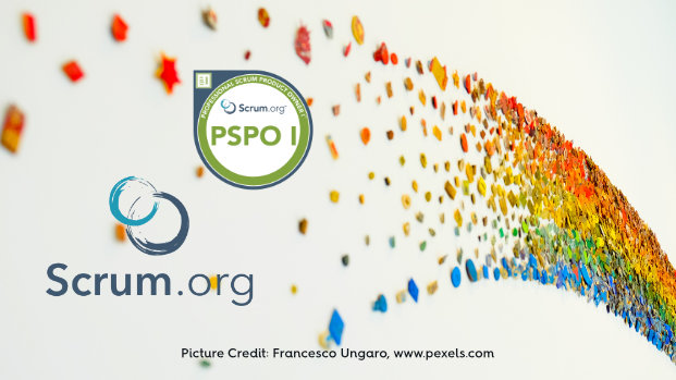 scrum.org and Professional Scrum Product Owner 1 logos over a rainbow of coloured sticky notes