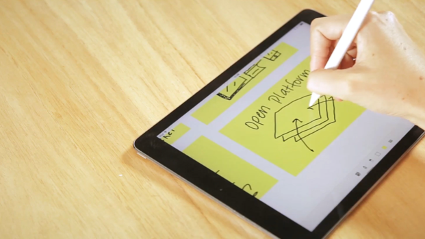 An Apple Pencil is used on an iPad Pro to draw notes onto a post-it in Mural.