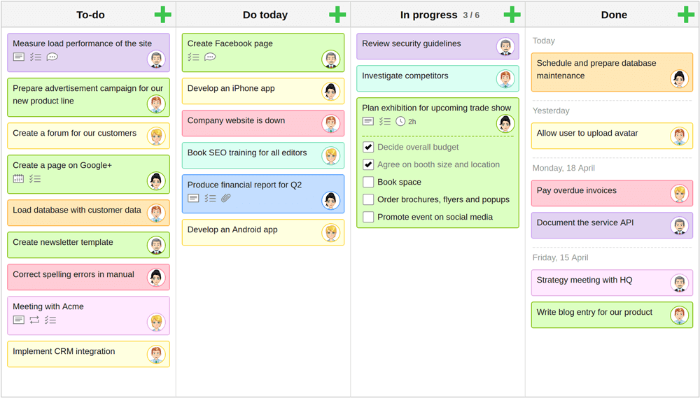 An example KanbanFlow Board showing multiple columns and cards