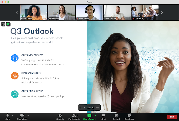 Zoom being used to show a presentation to multiple people